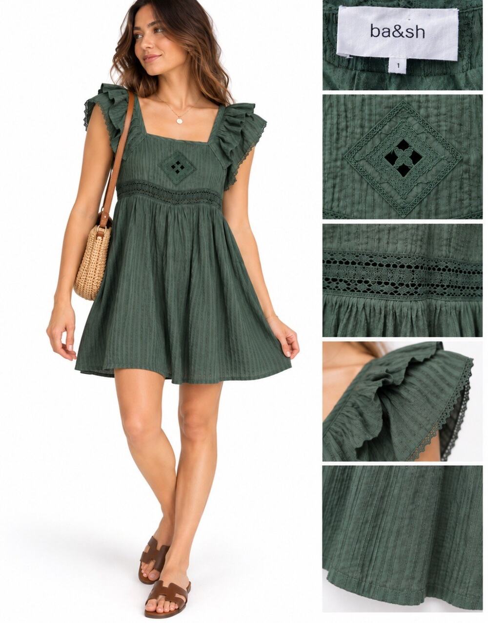 Boho Prairie ba&sh Women's Babydoll Mini Dress Size 1 Sage Green Crochet Cotton